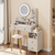 Round Mirror Bedside Cabinet Vanity Table With Cushioned Stool 2 AC Power 2 USB Socket 17 Inch LED Touch Control Adjustable Brightness In White Oak