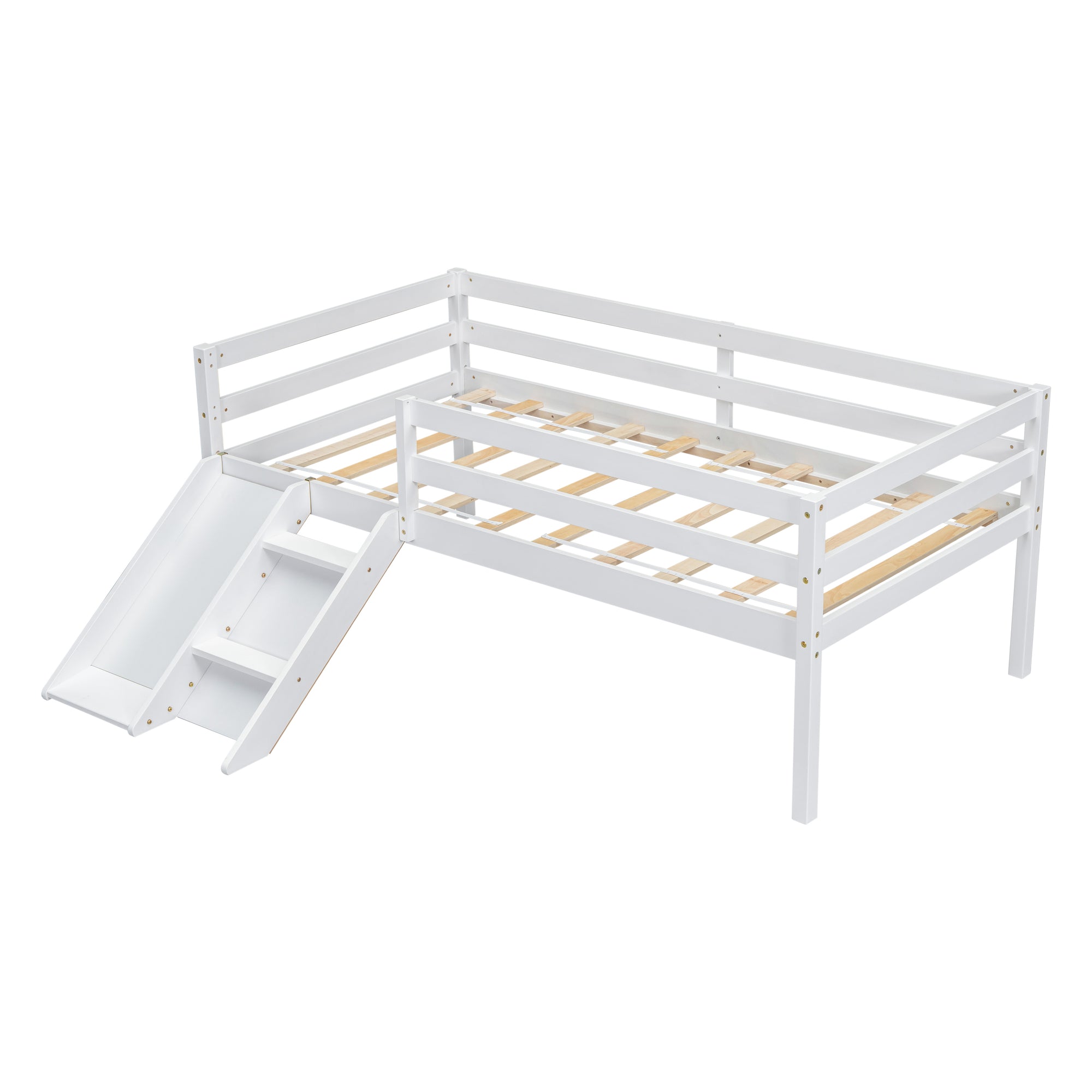 Twin Size Low Loft Bed with Slide, Ladder & Safety Guardrails in White