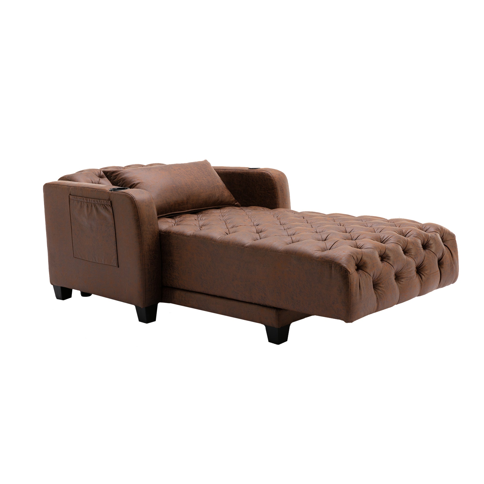 Reclining Tufted Chaise Lounge with Lumbar Pillow and Wireless Phone Charging in Brown