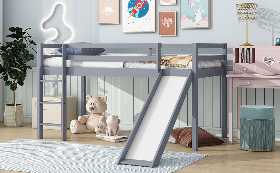 Gray Twin Low Loft Bed with Slide, Ladder, and Guardrails