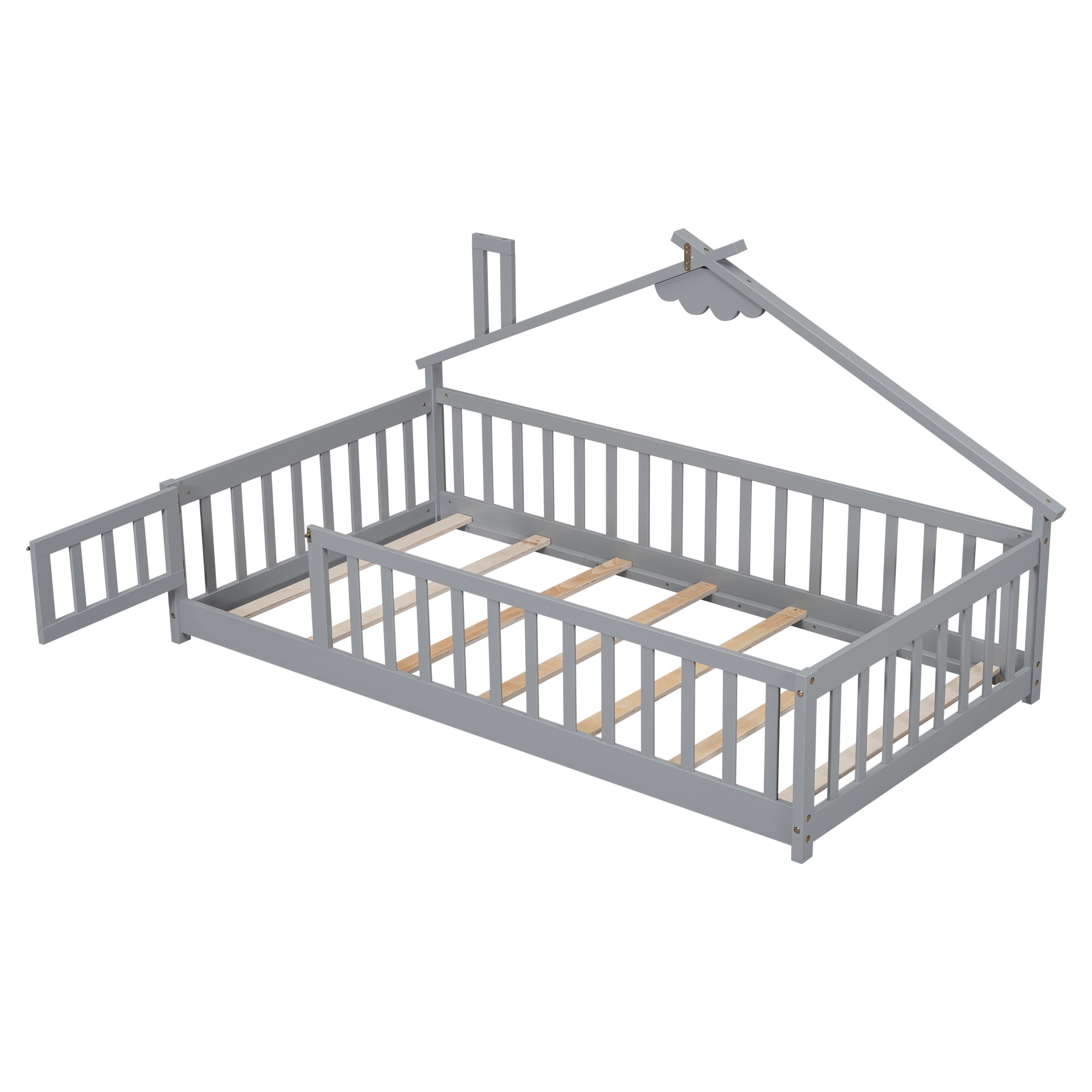 Twin House-Shaped Bedside Toddler Floor Bed with Guardrails and Door in Gray