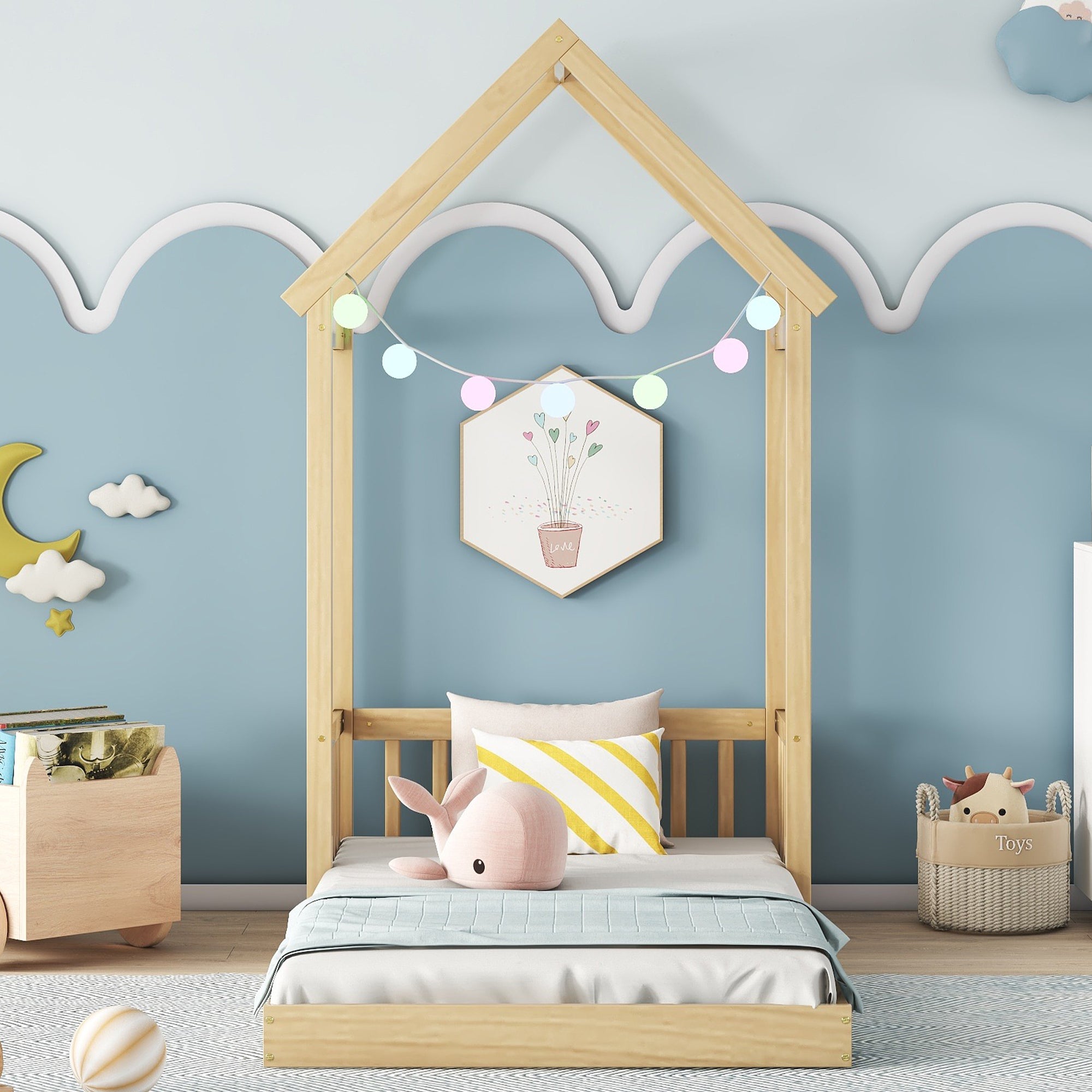 Natural Twin House-Shaped Roof Headboard Toddler Floor Bed