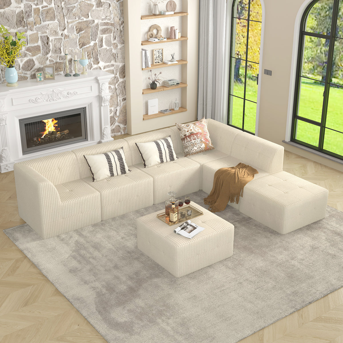 Space-Efficient 7-Seater Modular Foam Sofa In Beige Minimalist Design