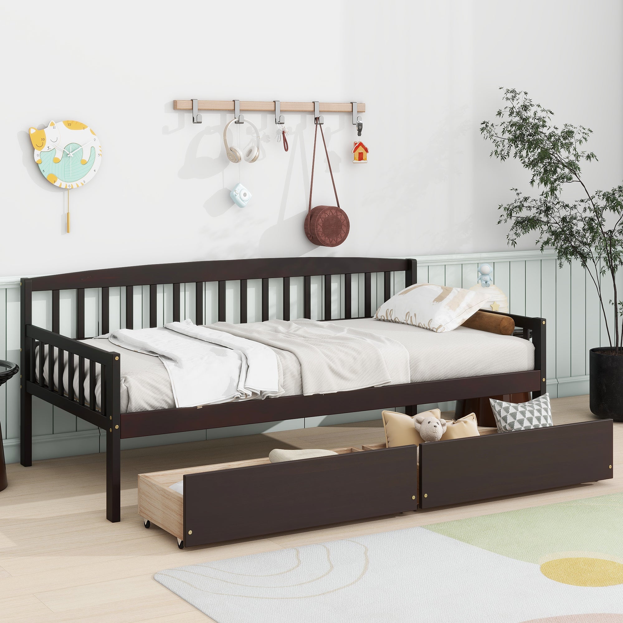 Espresso Tones Twin-Size Pine Wood Daybed with Storage Drawers