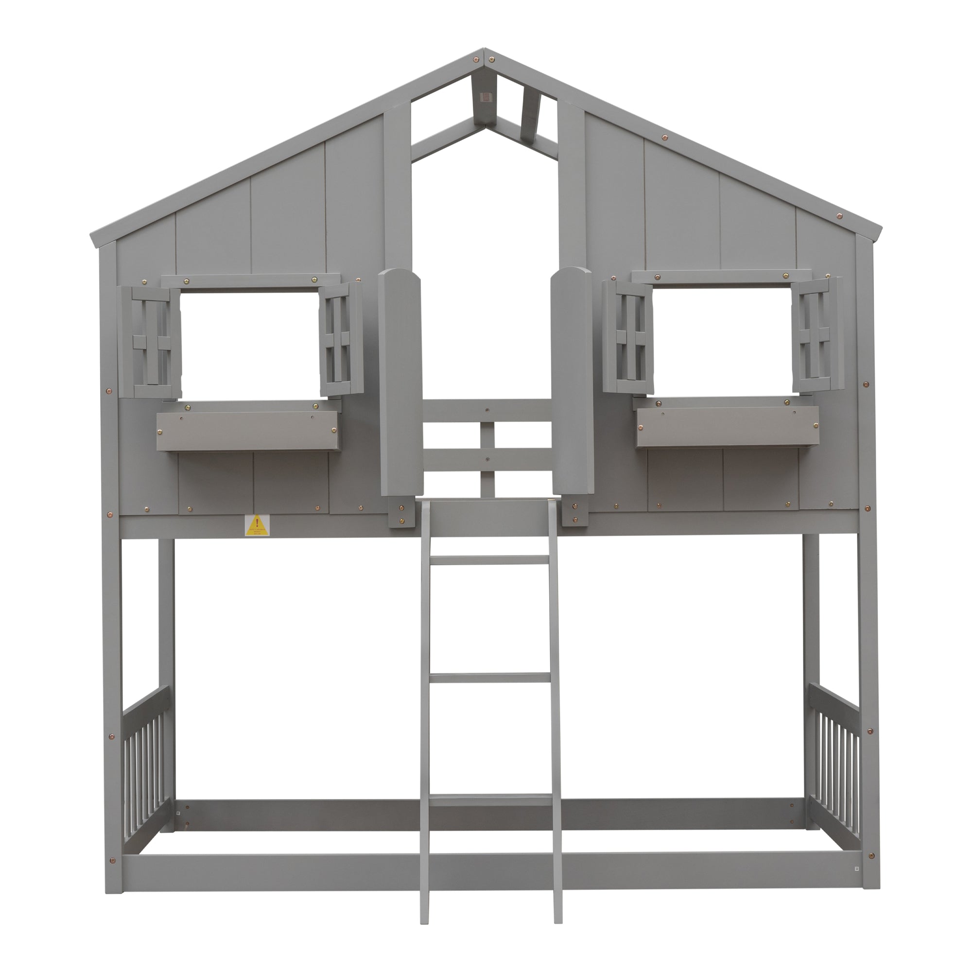 Gray Twin Over Twin House Bunk Bed with Roof, Windows, and Door