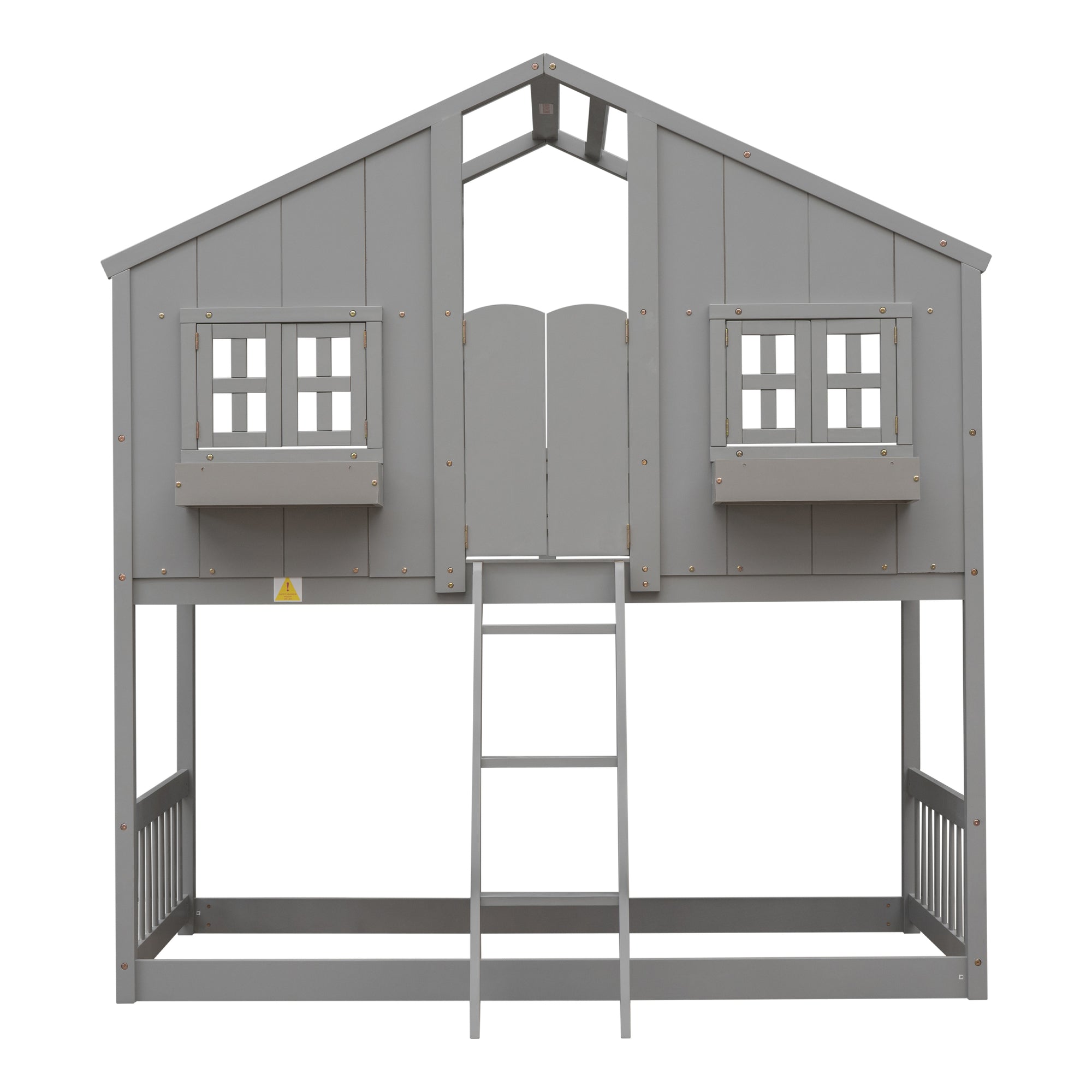 Gray Twin Over Twin House Bunk Bed with Roof, Windows, and Door