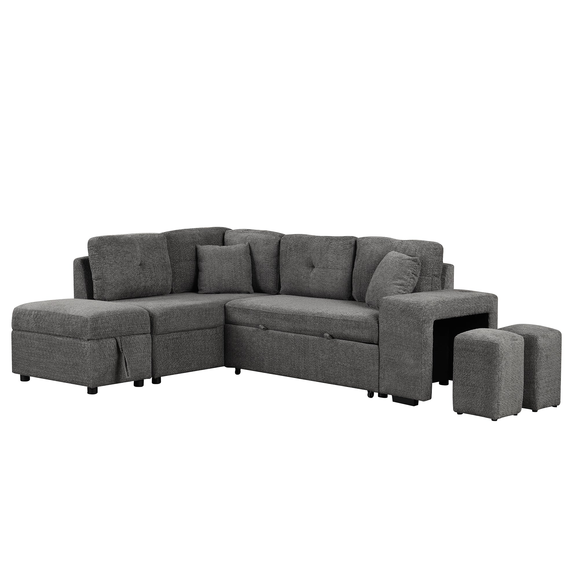 Dark Gray Chenille Pull-Out Sofa Bed with Storage Ottomans and Wireless Charger