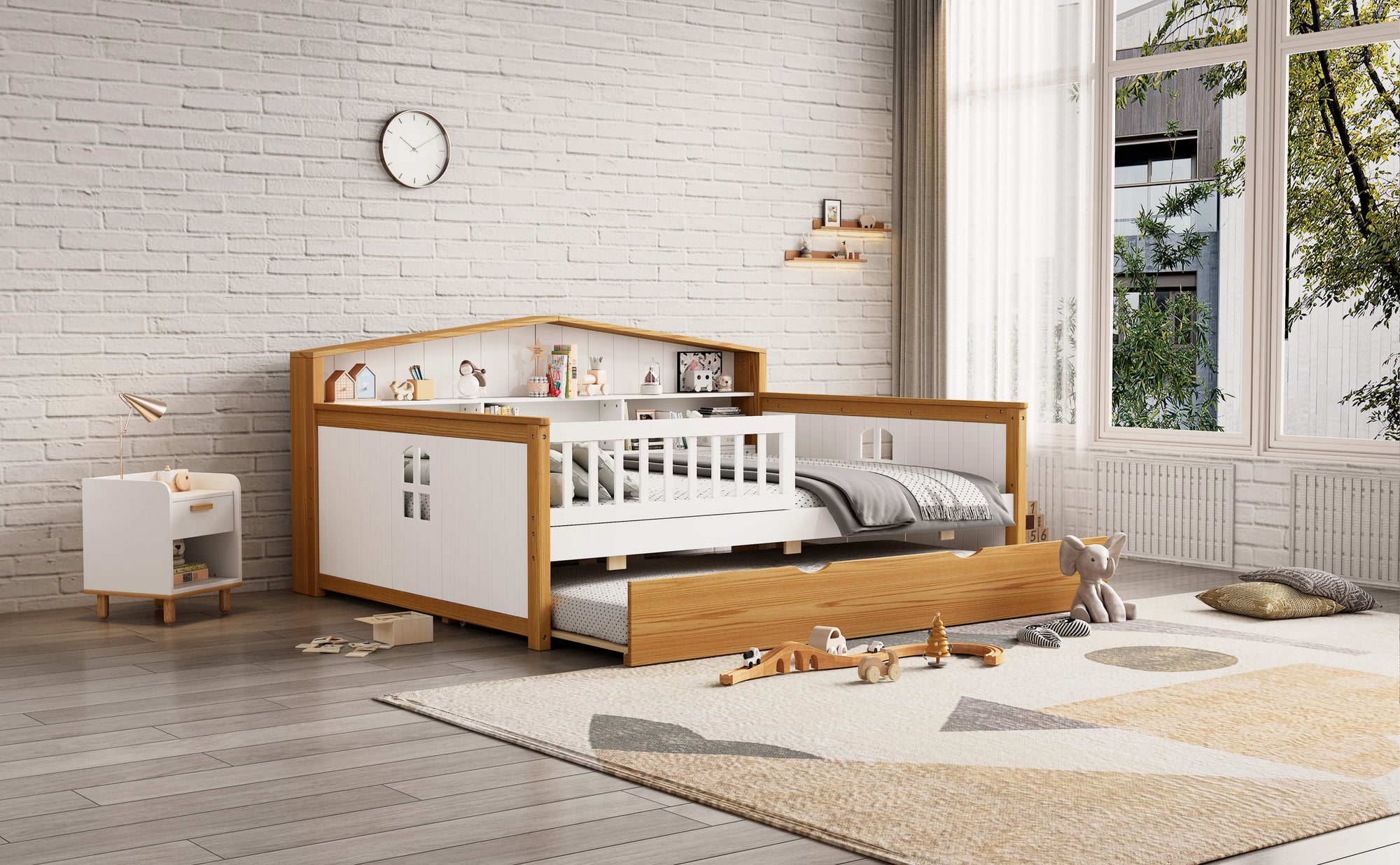 Full Size Safety Bed Frame with Trundle and Integrated Bookcase Headboard