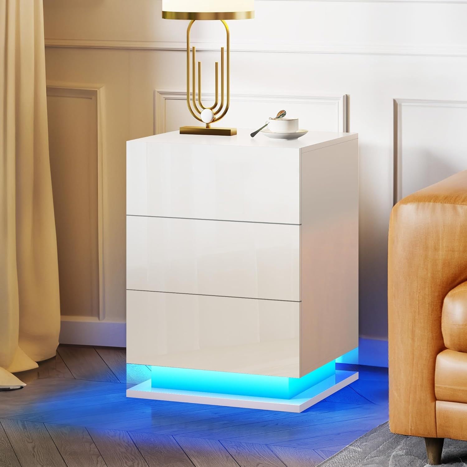 LED Nightstand with 3 Drawers and RGB Lighting Modern White Bedside Table In White