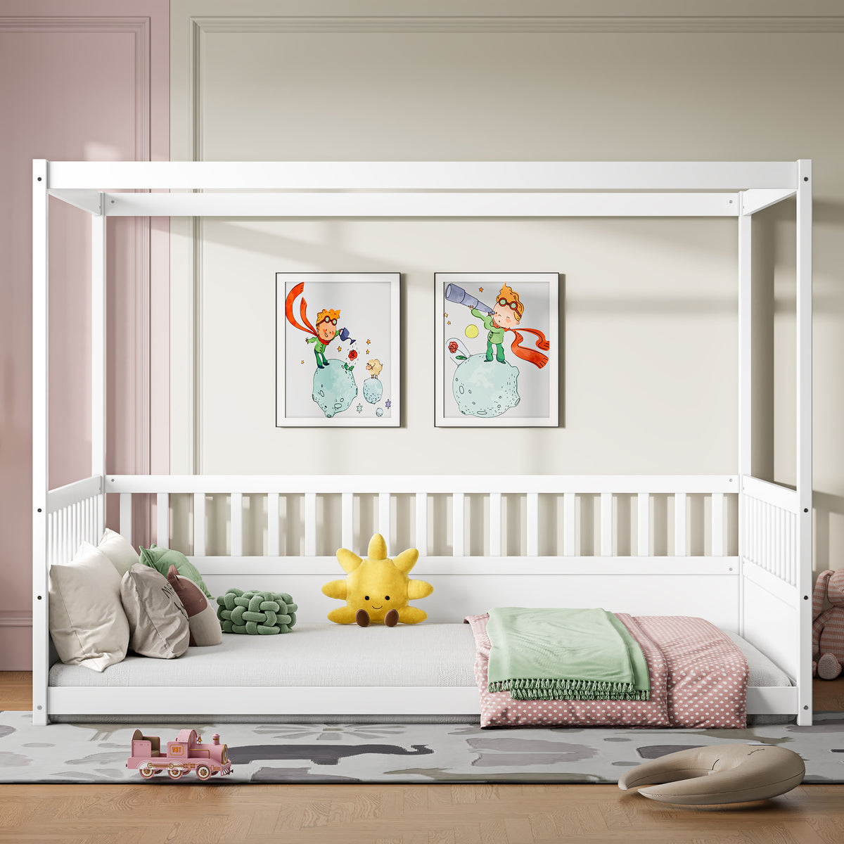 Full Size Canopy Bed Frame with Guardrails for Kids Floor Bed with Four Poster Design Montessori Style Wood Frame In White