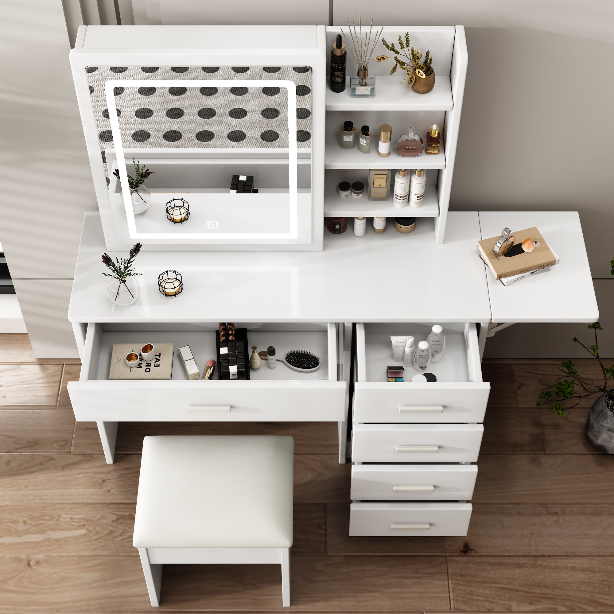 Vanity Desk with Mirror and Lights for Makeup with 5 Drawers and Open Shelves Adjustable Brightness In White