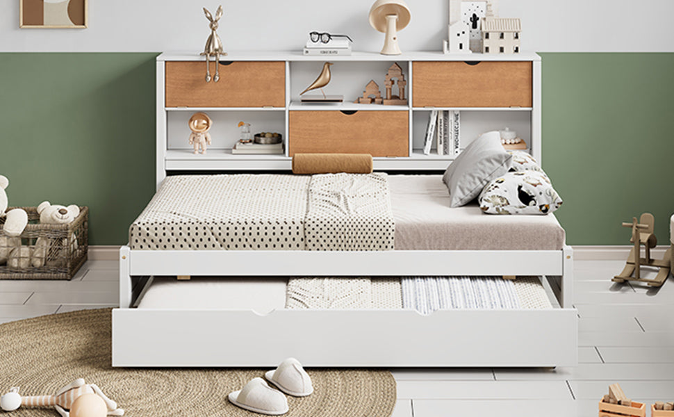 White & Walnut Twin Modern Daybed with Storage Cabinets and Trundle