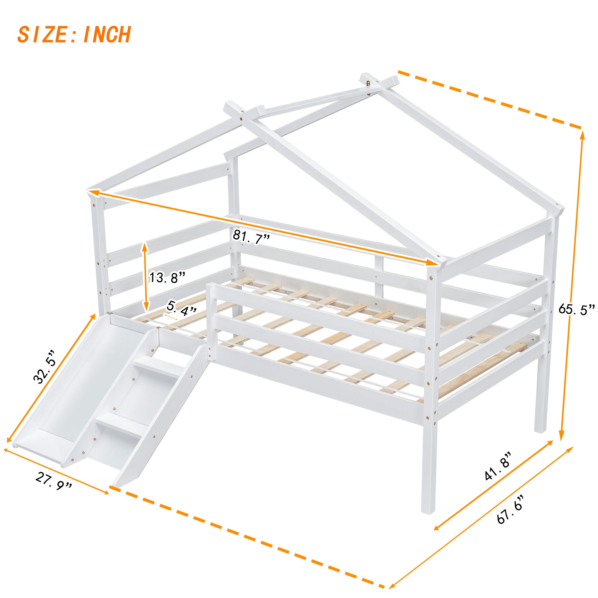 White Twin Low Loft House Bed with Slide and Ladder