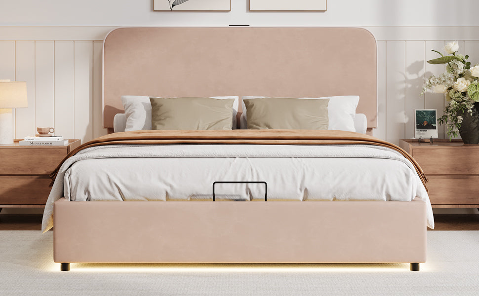 Queen Hydraulic Storage Bed with LED Lighting, Built-in Bluetooth Speaker & USB Charging in  Pink Velvet