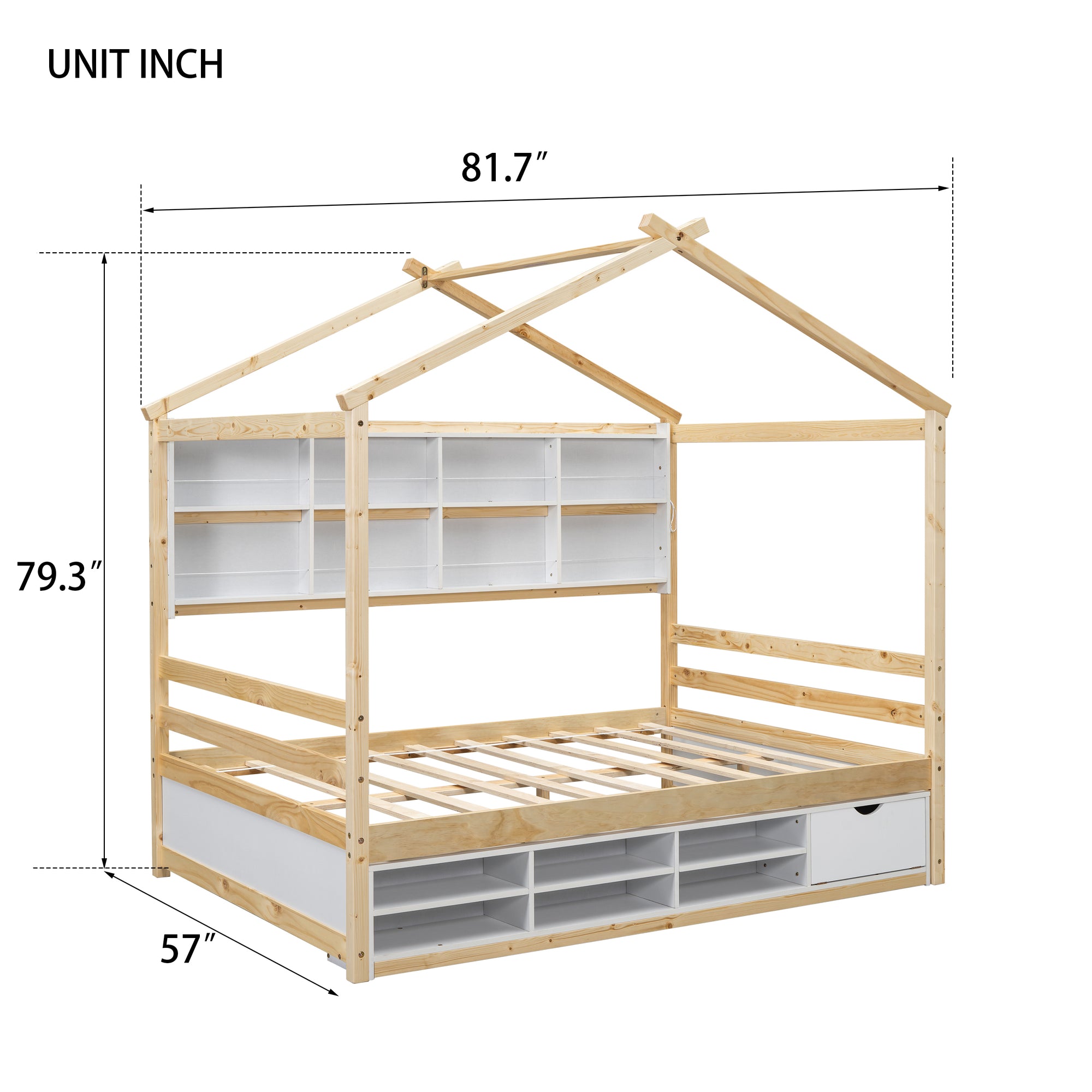 Full Size Bed with Roof, Bedside Shelves, and Under Bed Storage