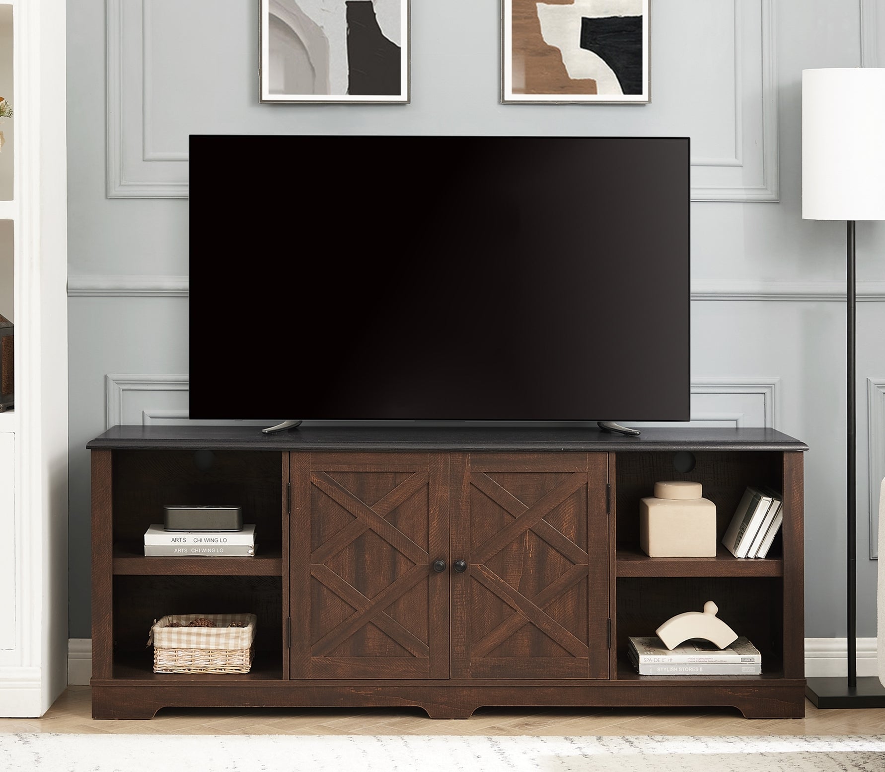 Modern Farmhouse TV Media Stand for TVs Up to 80 Inches with Open Shelves and Closed Cabinets In Espresso and Black