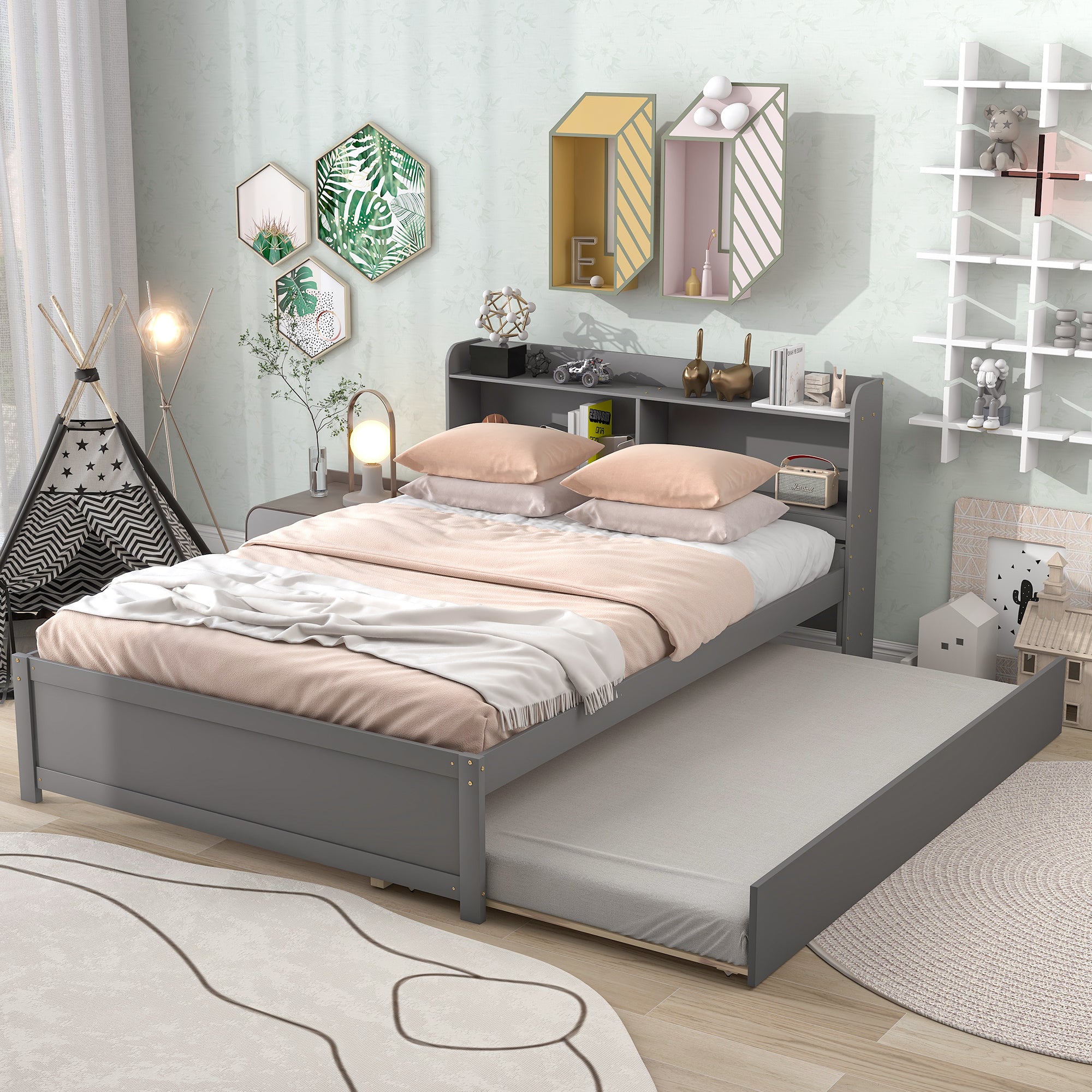 Full Bed with Trundle & Bookcase Headboard In Gray