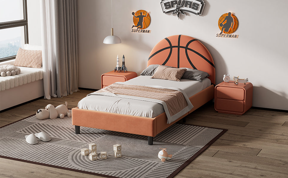 Twin Size Basketball-Themed Velvet Upholstered Bed