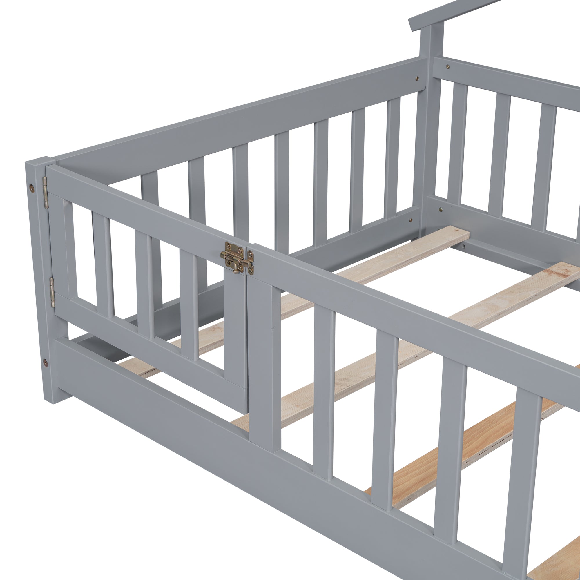 Twin House-Shaped Bedside Toddler Floor Bed with Guardrails and Door in Gray