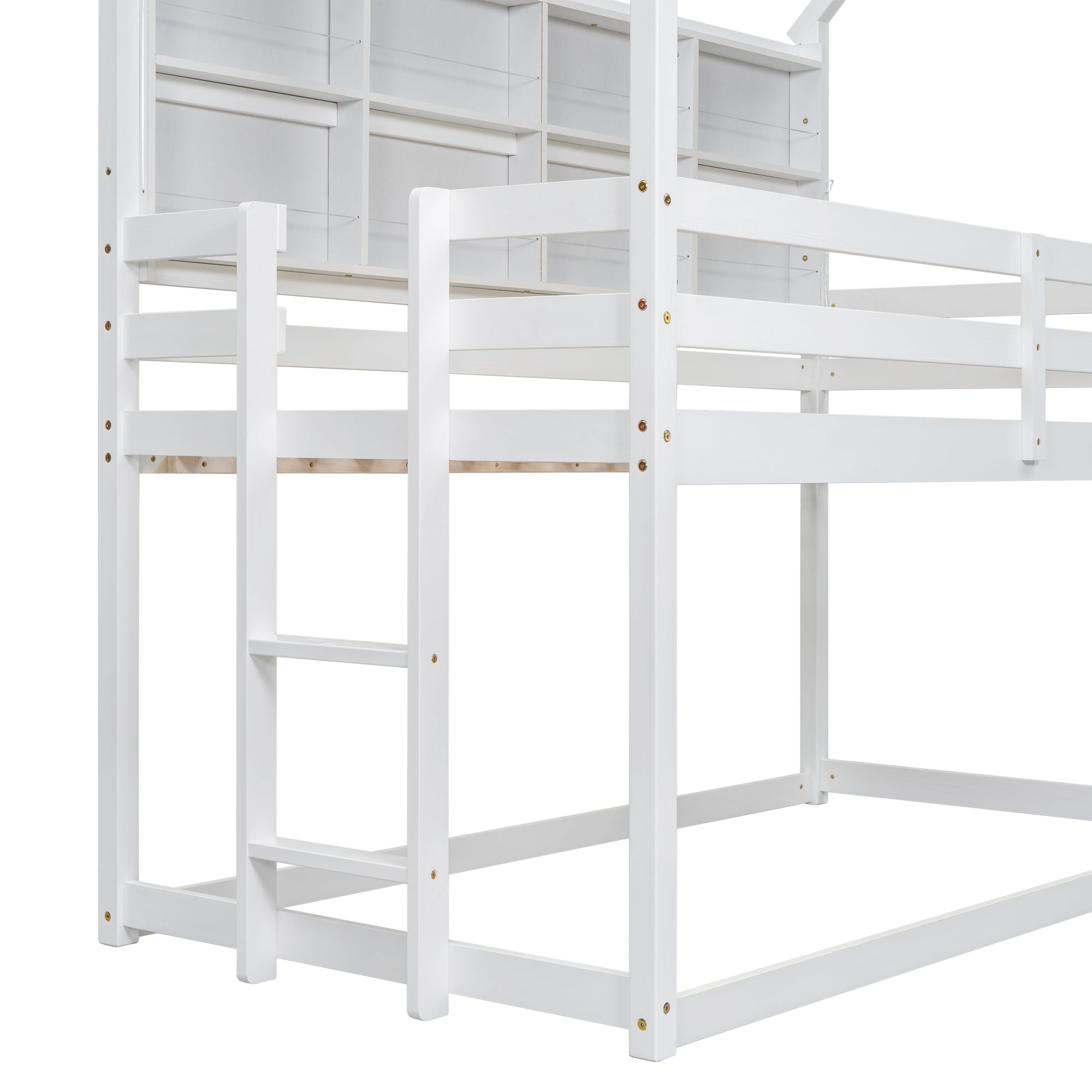 Twin House Loft Bed with Semi-Enclosed Roof and Built-in Bookshelves