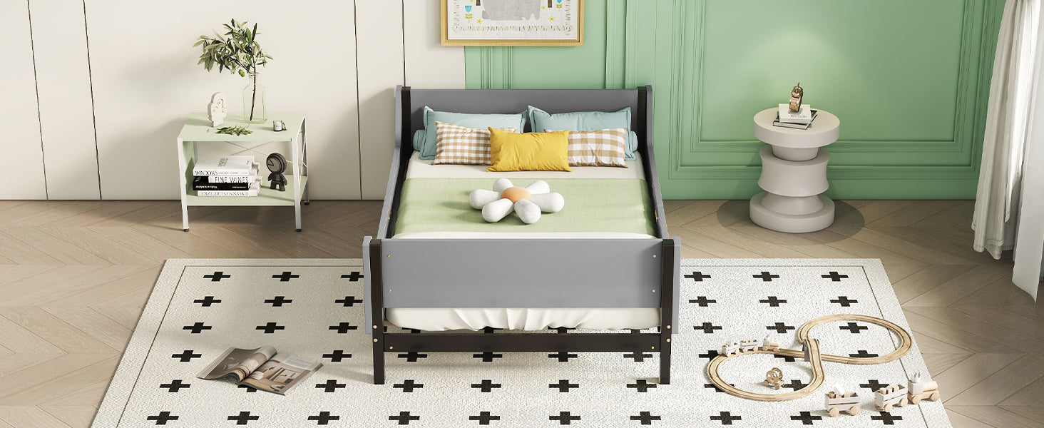 Gray Twin Bed with Headboard, Footboard, Safeguards, and Built-in Book Storage Rack