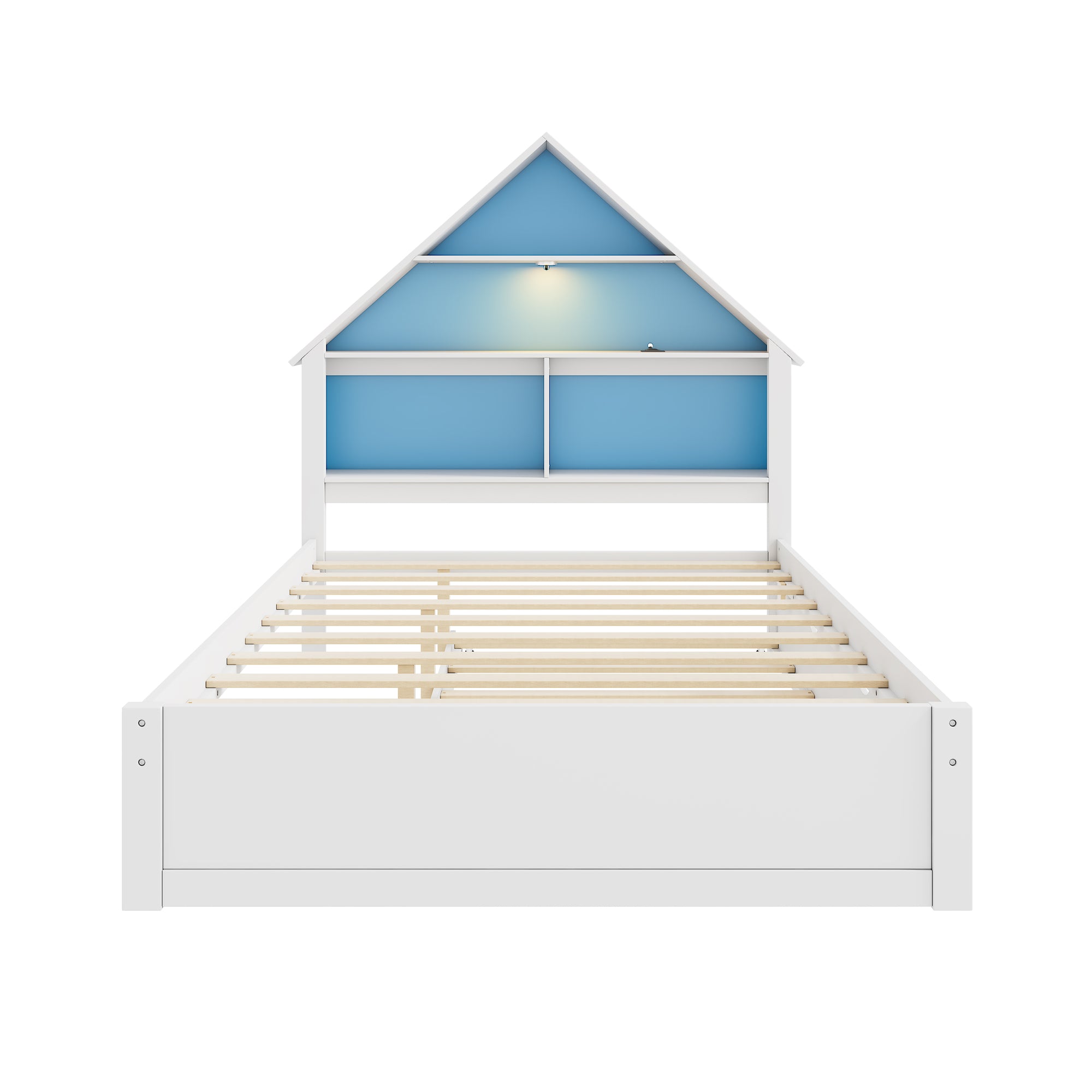 White & Blue Full House-Shaped Bed Frame with Trundle, Shelves, and LED Nightlight