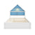 White & Blue Full House-Shaped Bed Frame with Trundle, Shelves, and LED Nightlight