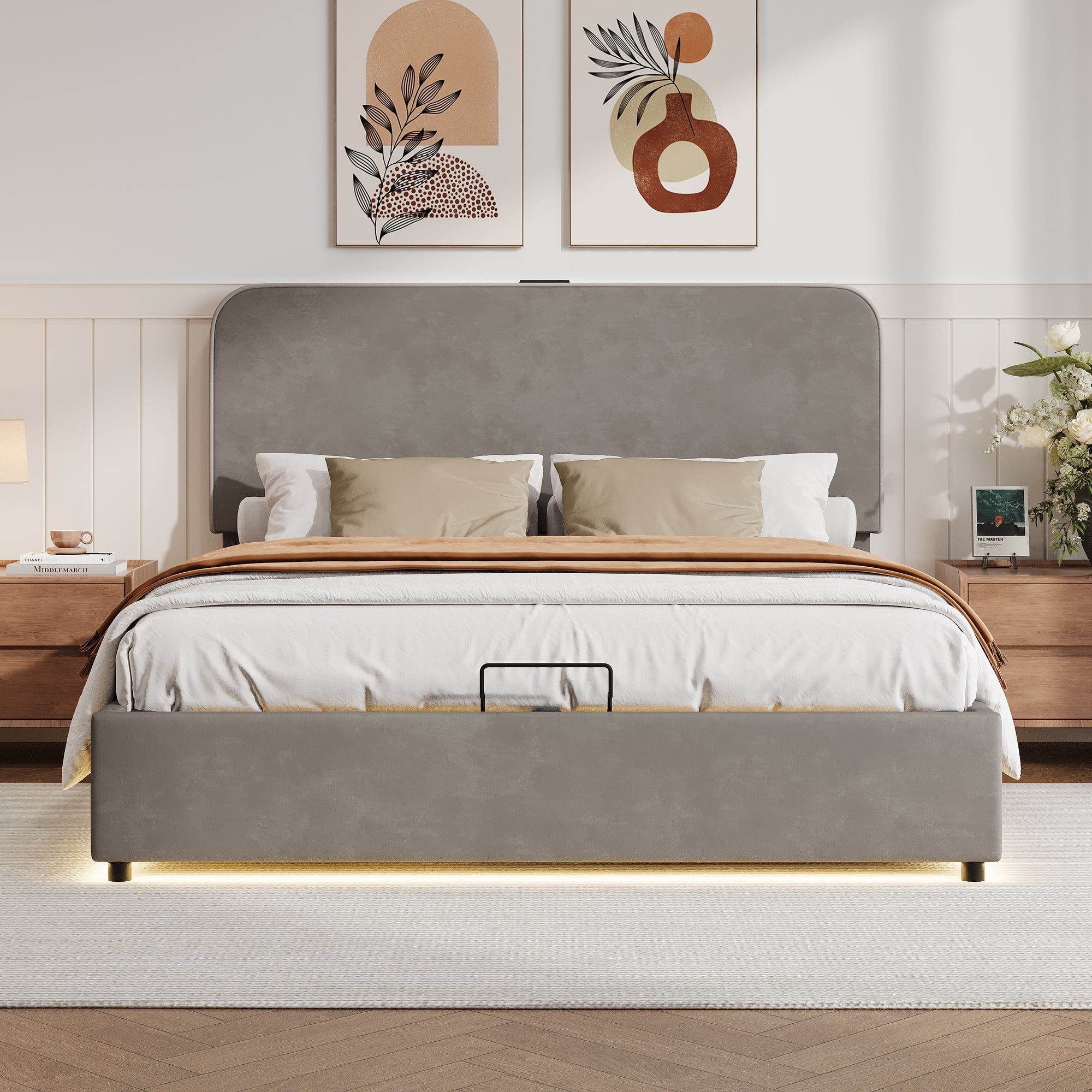 Gray Queen Hydraulic Storage Bed with LED Lights, Built-in Bluetooth Speaker, and USB Charging