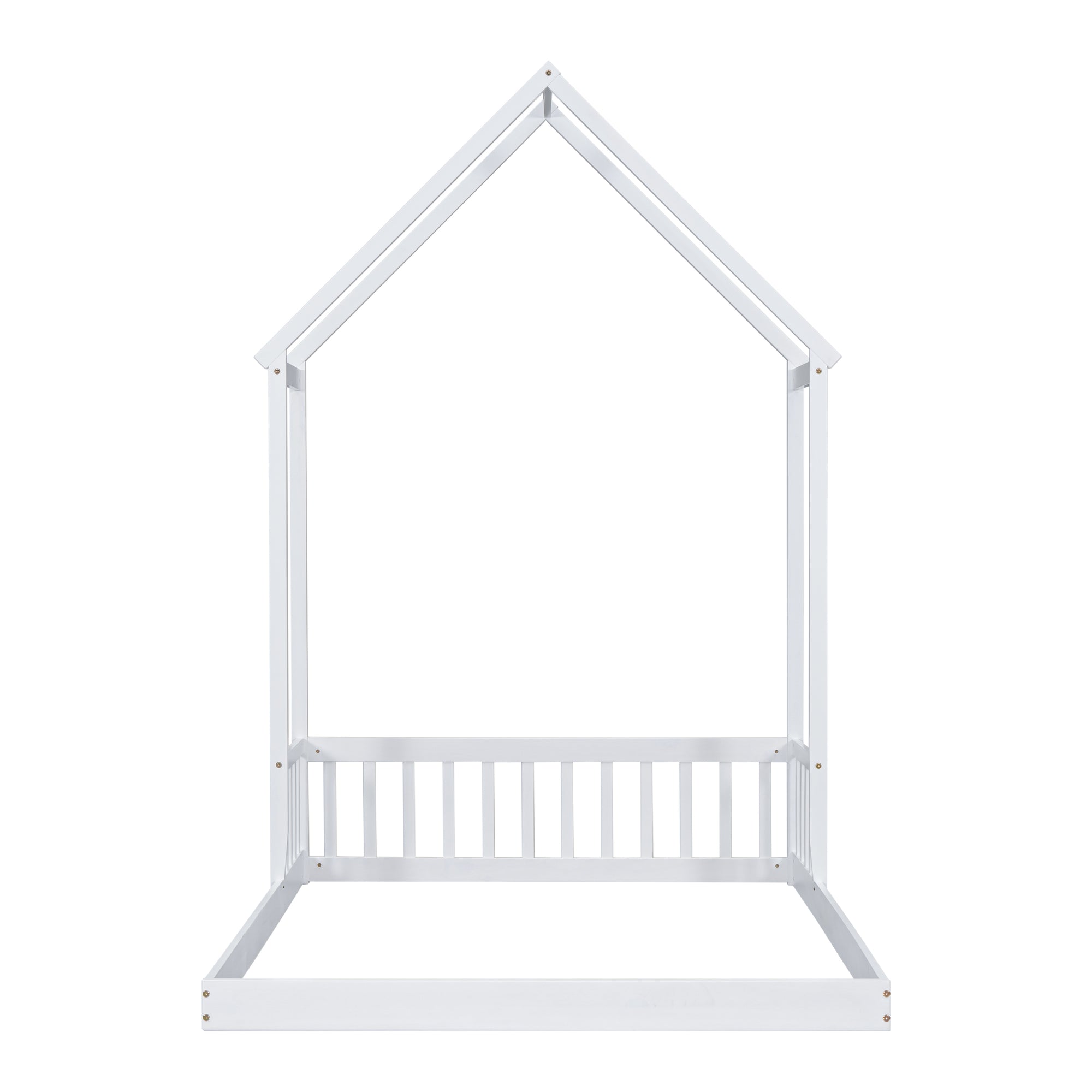 White Full Roof-Framed Headboard Toddler Floor Bed with Guardrails