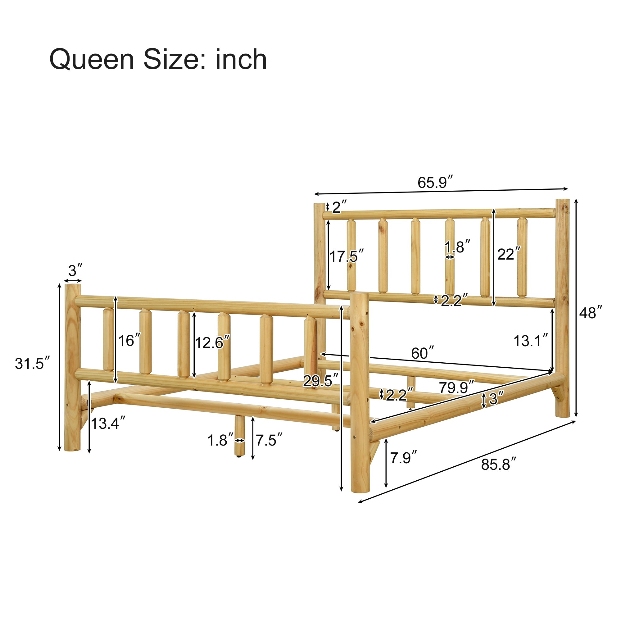 Natural Finish Queen Farmhouse Round Timber Bed Frame