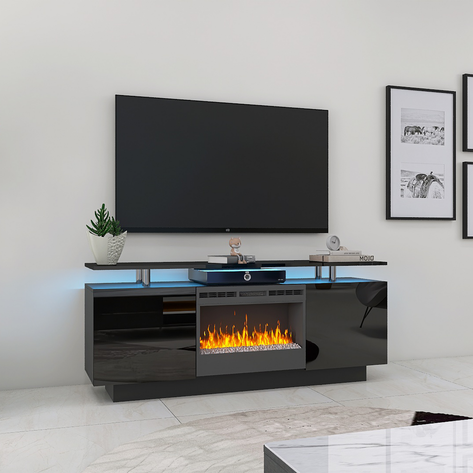 63" Black TV Stand With Electric Fireplace, LED Lights & Supports Up To 80" TVs