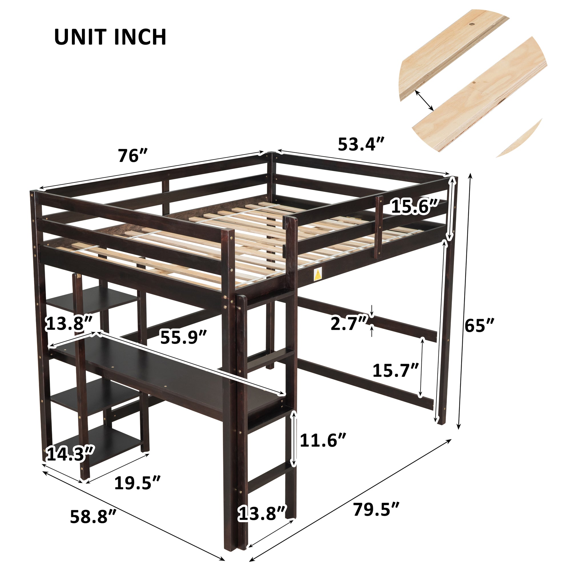 Full Loft Bed with Desk and Shelves in Espresso