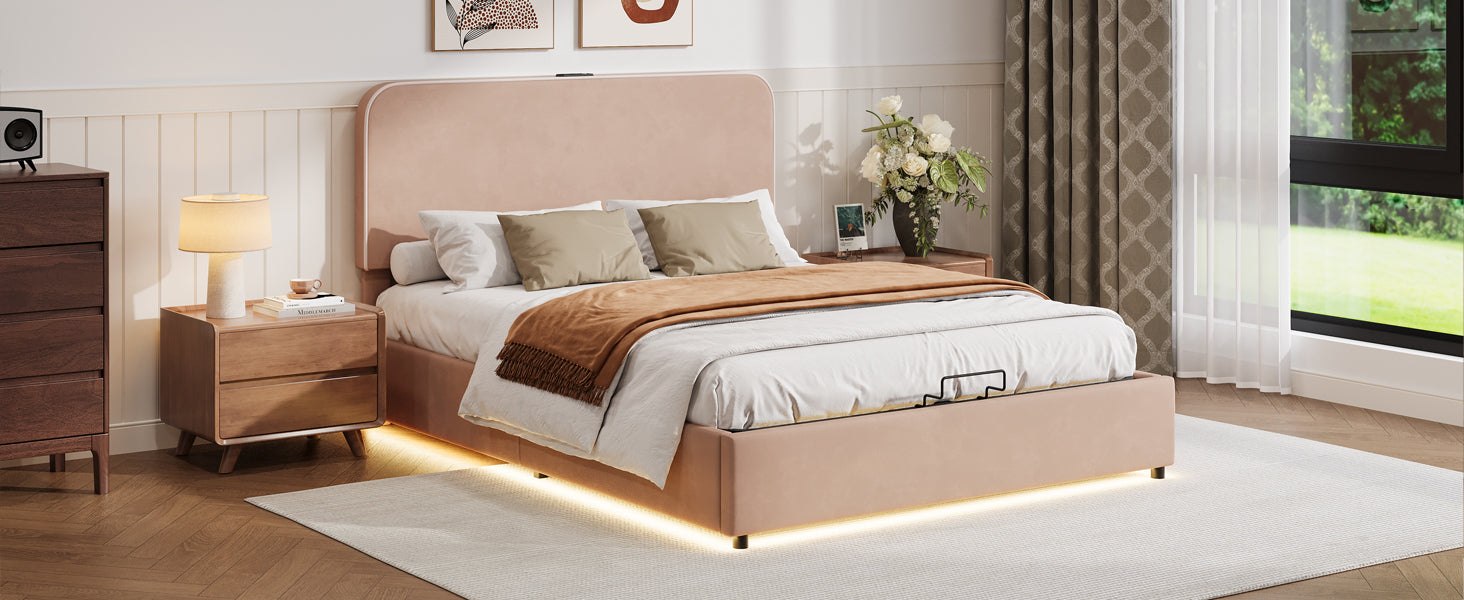 Queen Hydraulic Storage Bed with LED Lighting, Built-in Bluetooth Speaker & USB Charging in  Pink Velvet