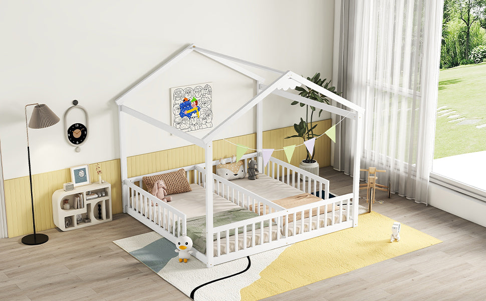 White Double Twin House-Style Toddler Floor Bed with Fence & Guardrails