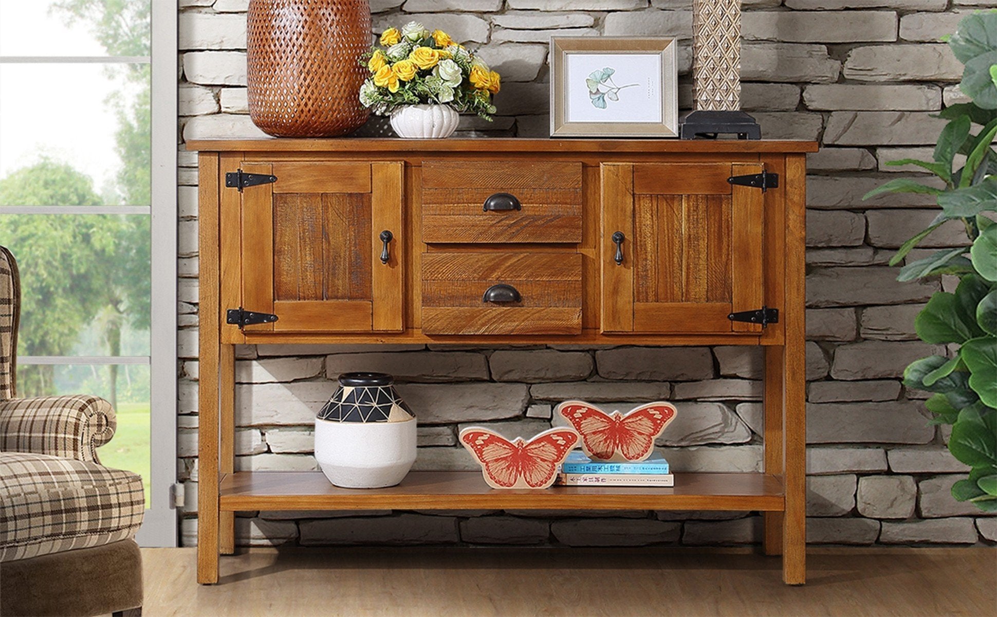 48 Inch Solid Wood Sideboard Console Table With 2 Drawers And Cabinets Retro Style Storage Buffet Server For Living Room Kitchen In Brown