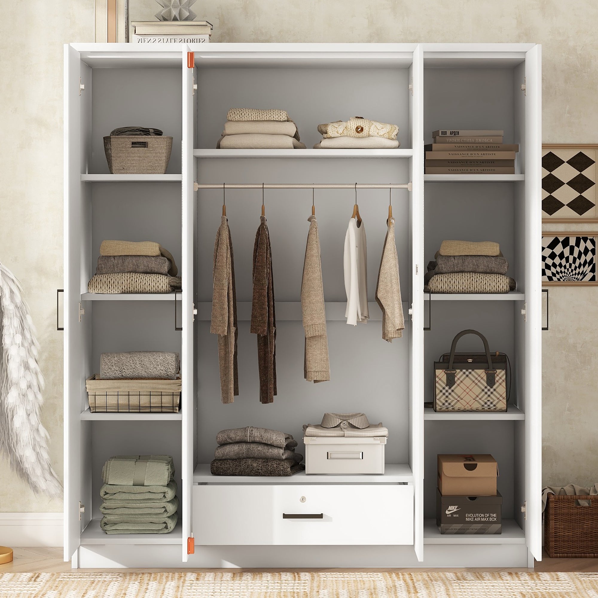 4-Door Mirror Wardrobe with Shelves Featuring Secure Storage In White