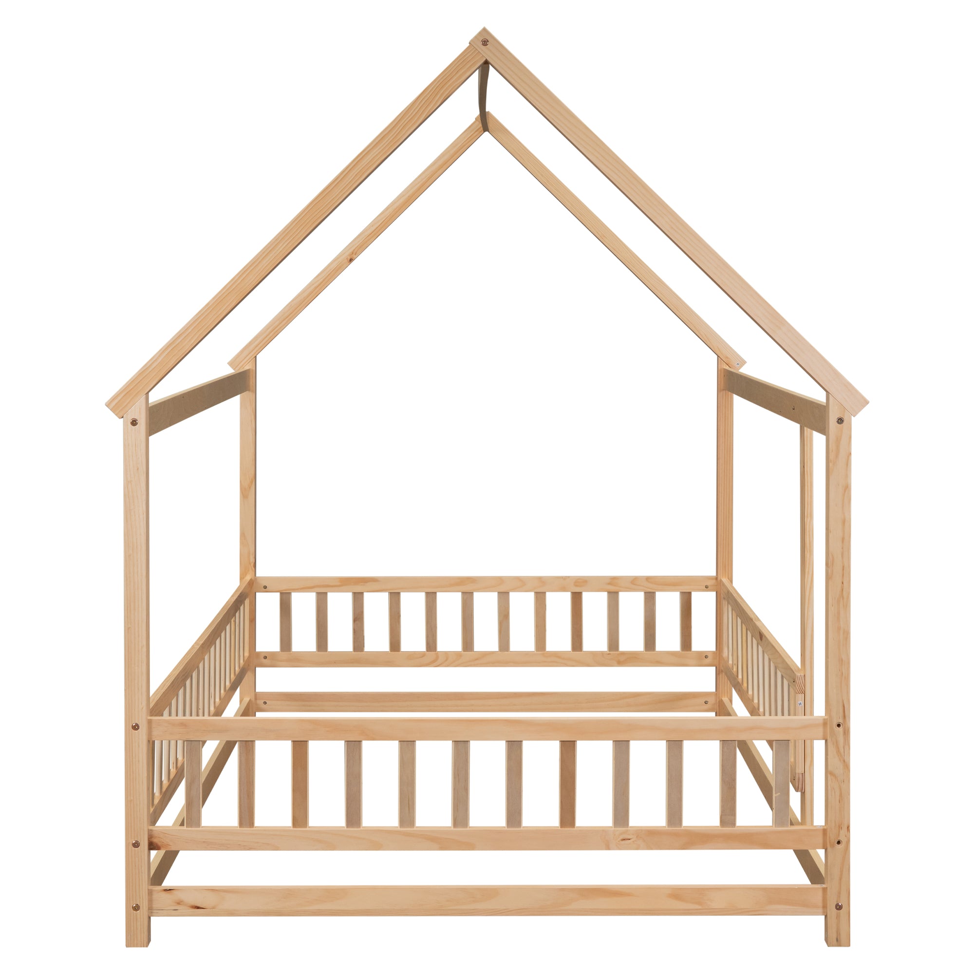 Natural Full Size Floor Wooden Toddler Floor Bed with House Roof Frame and Fence Guardrails