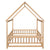 Natural Full Size Floor Wooden Toddler Floor Bed with House Roof Frame and Fence Guardrails