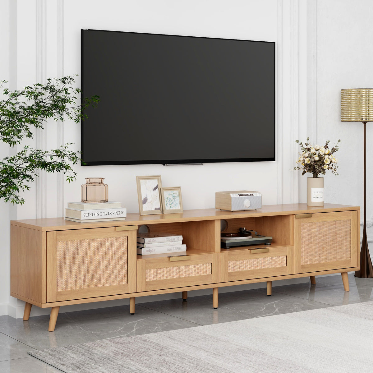 Rattan TV Stand for TVs Up to 85 Inch Modern Farmhouse Media Console with Solid Wood Legs In Wood