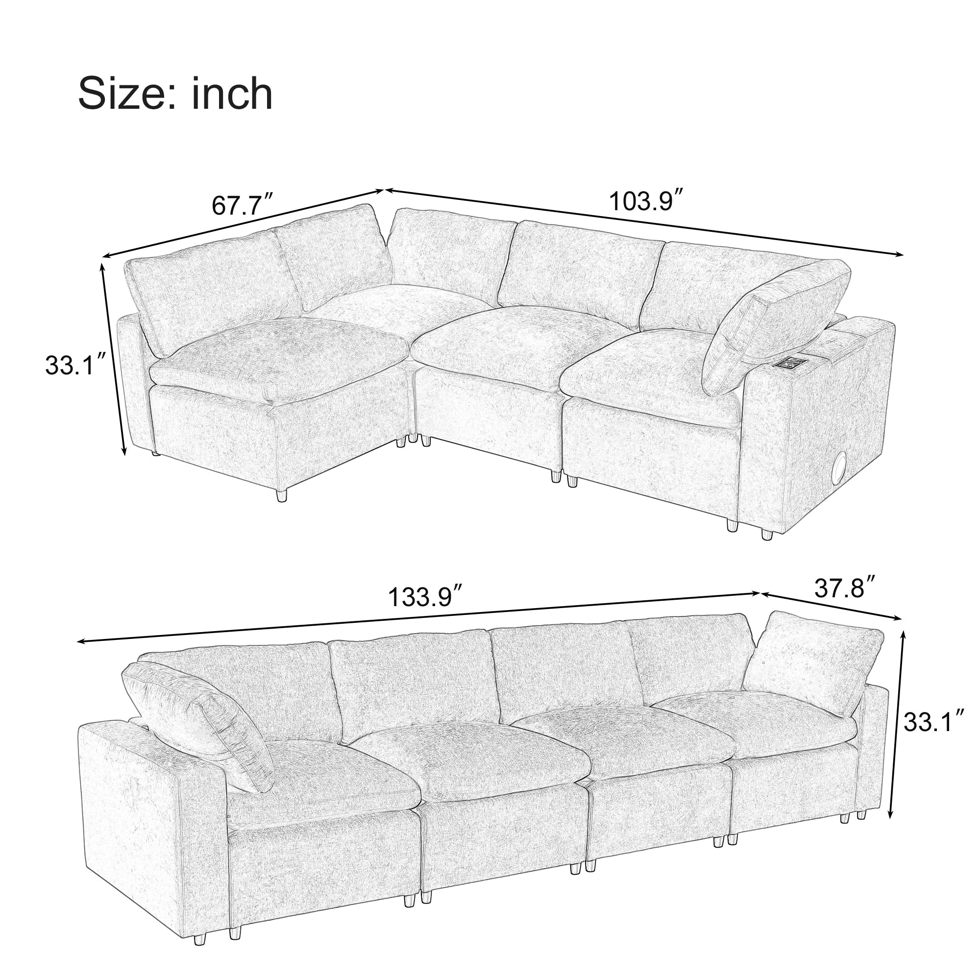 4-Seater Modular Sofa with Wireless Charging & Bluetooth - Beige