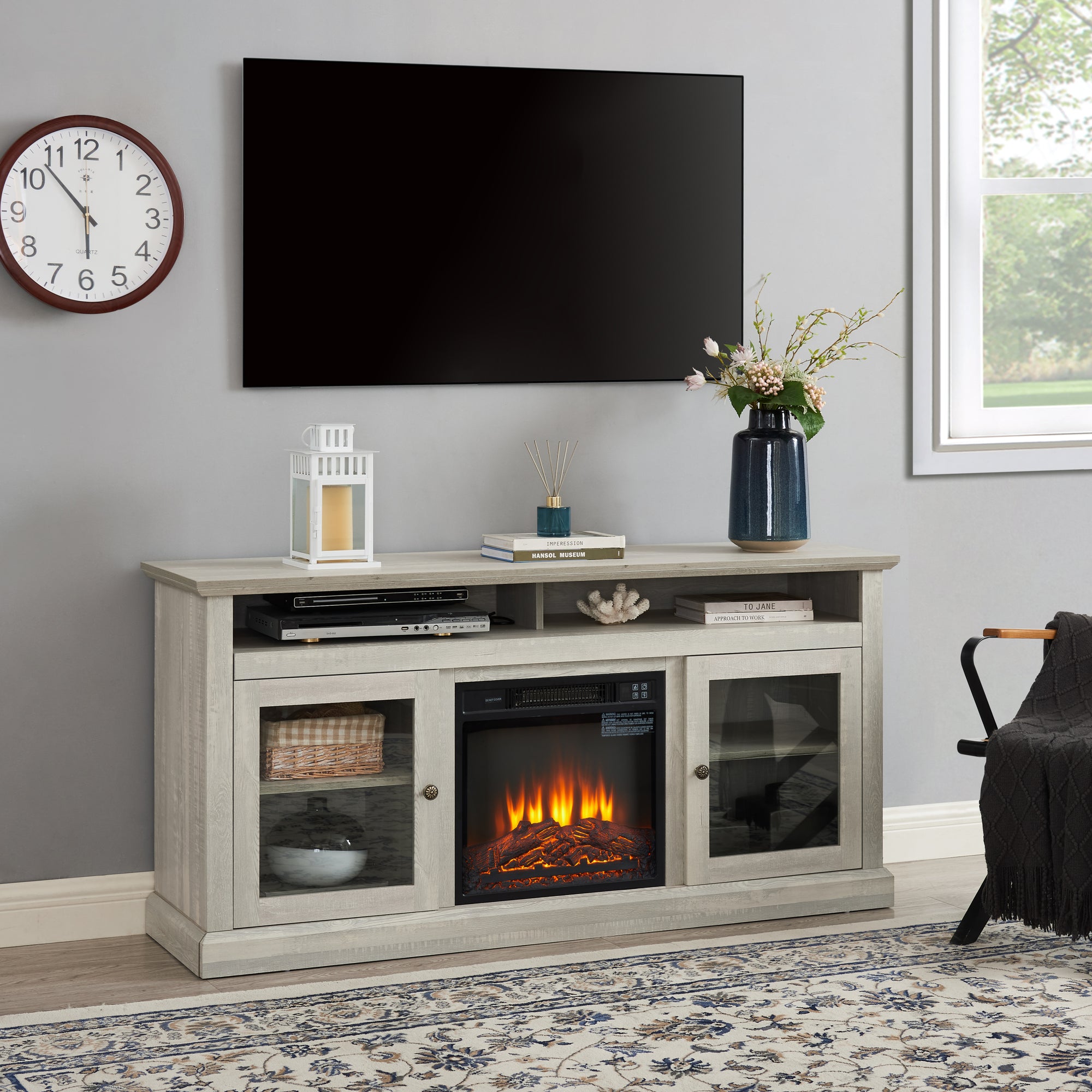 Contemporary TV Media Stand with 18 Fireplace Insert for TV Up to 65 with Open and Closed Storage Space In Stone Gray