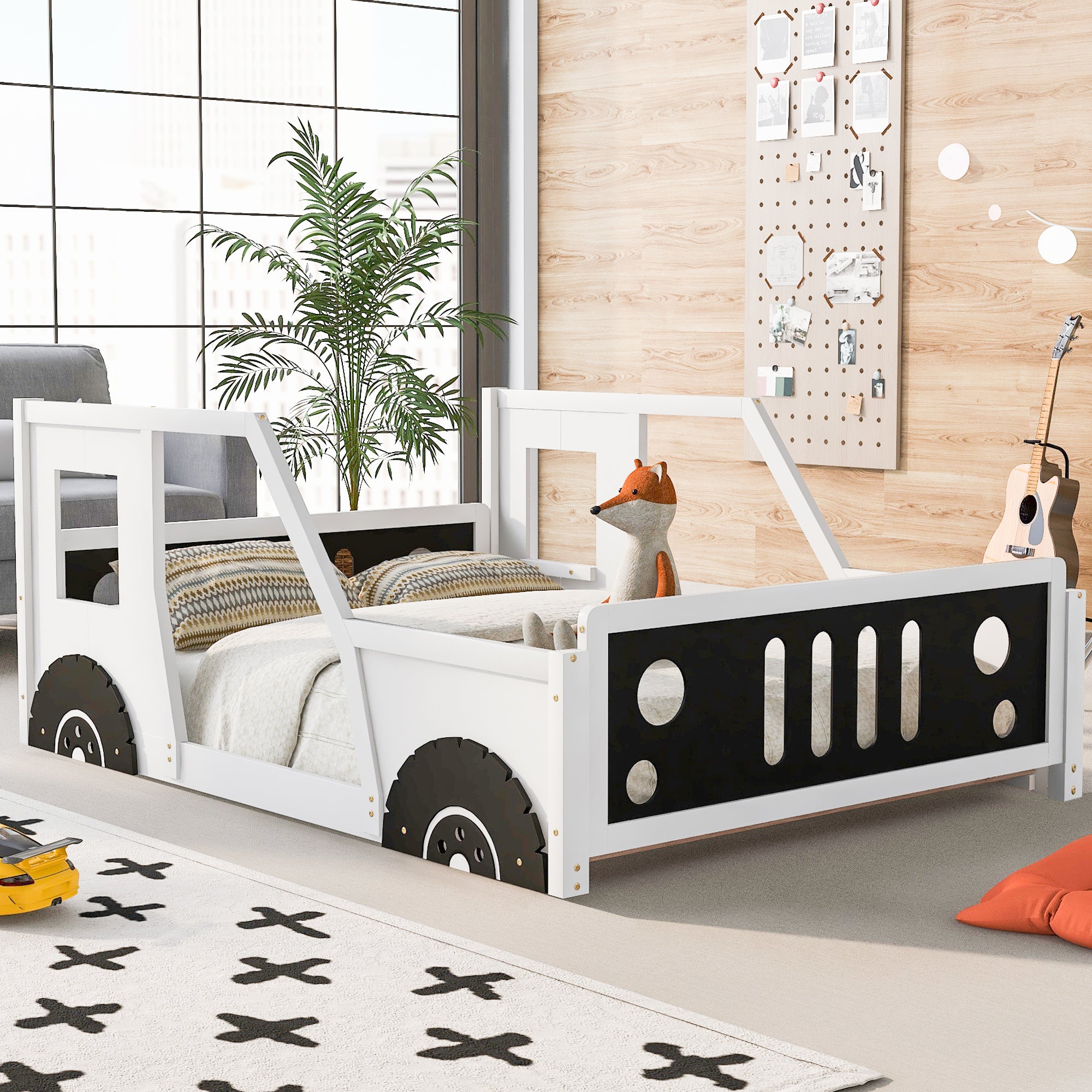 Full Size Classic Car-Shaped Platform Bed with Wheels In White