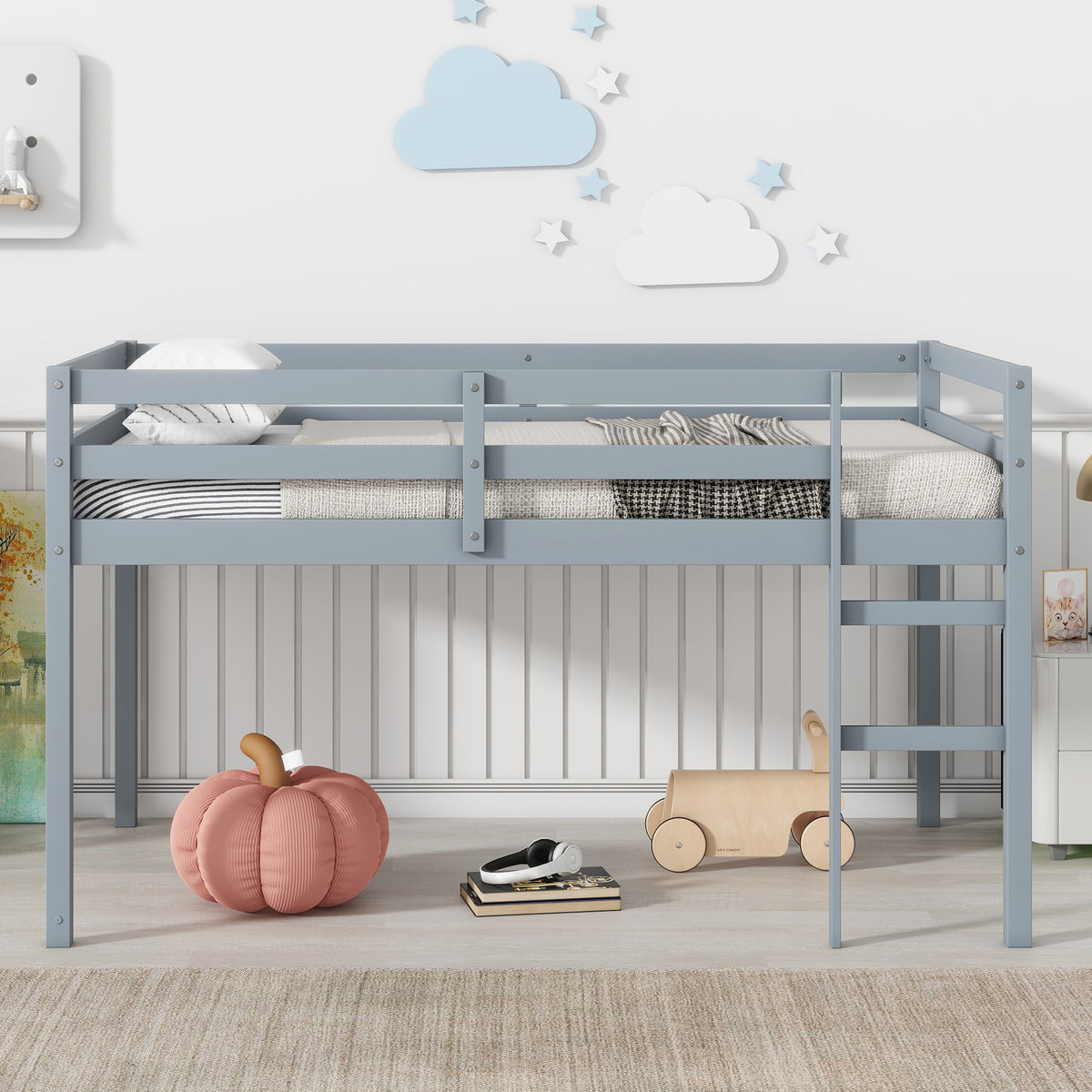 Gray Twin Loft Bed with Ladder in Rubber Wood