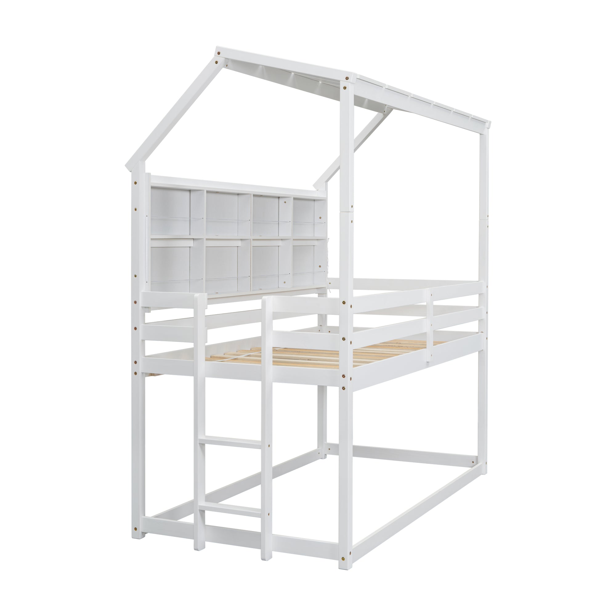 Twin House Loft Bed with Semi-Enclosed Roof and Built-in Bookshelves