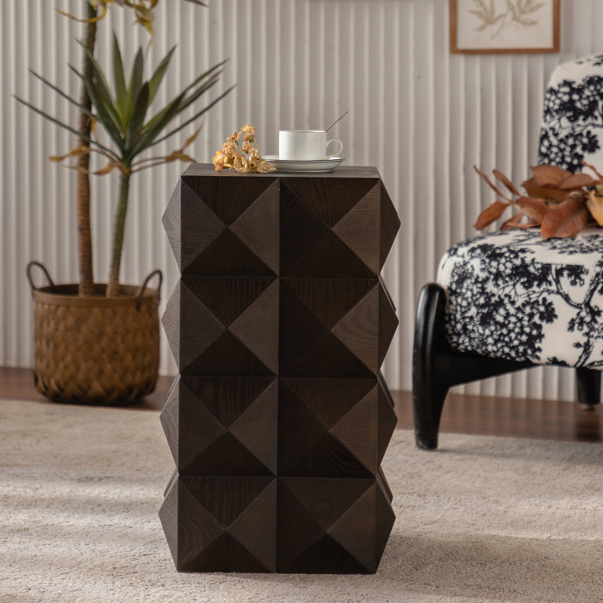 24" Brown Retro Wooden Embossed Pattern Side Table