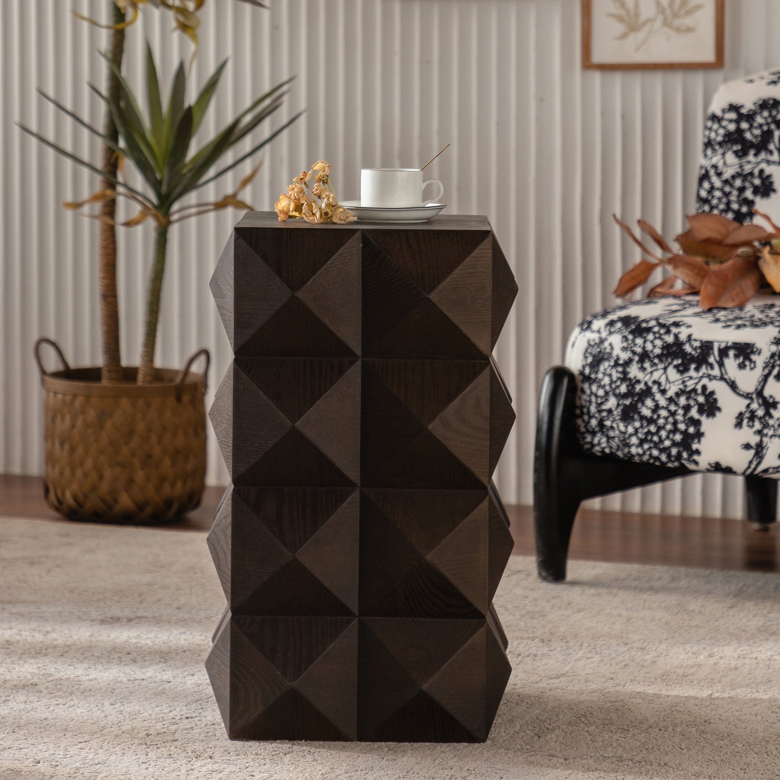 24" Brown Retro Wooden Embossed Pattern Side Table