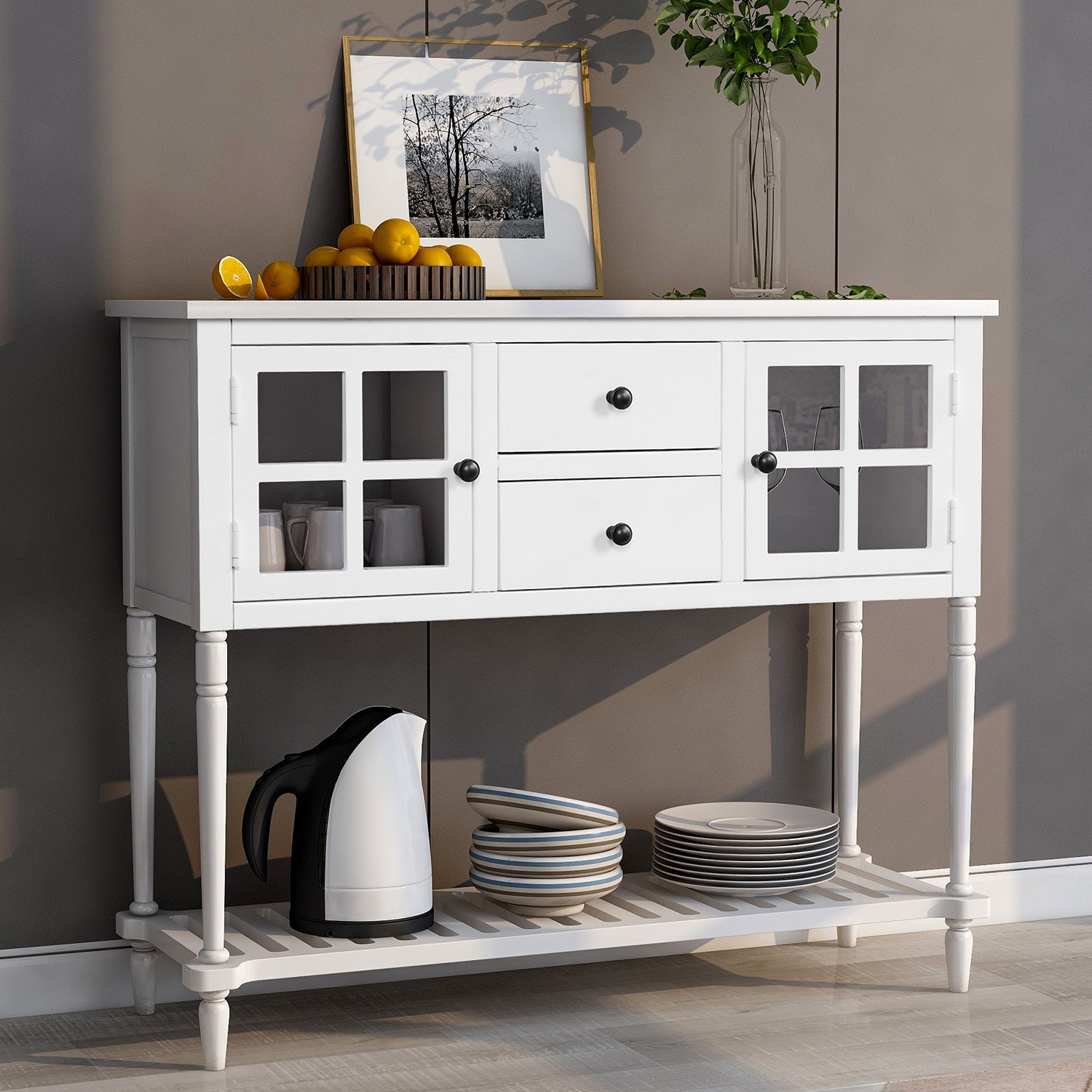 Farmhouse Wood Glass Console Table with Storage Space In White