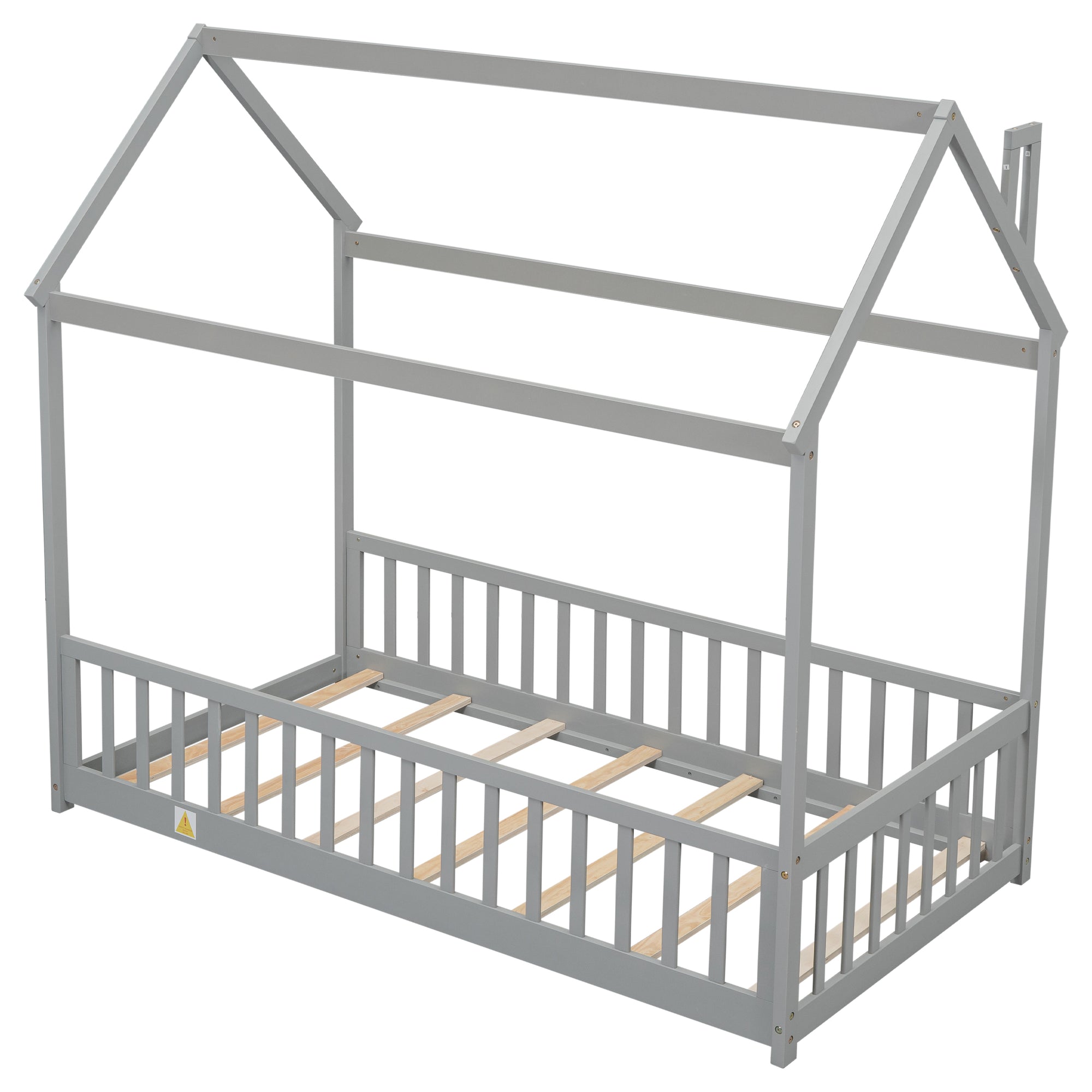 Gray Twin House Bed with Guardrails and Slats