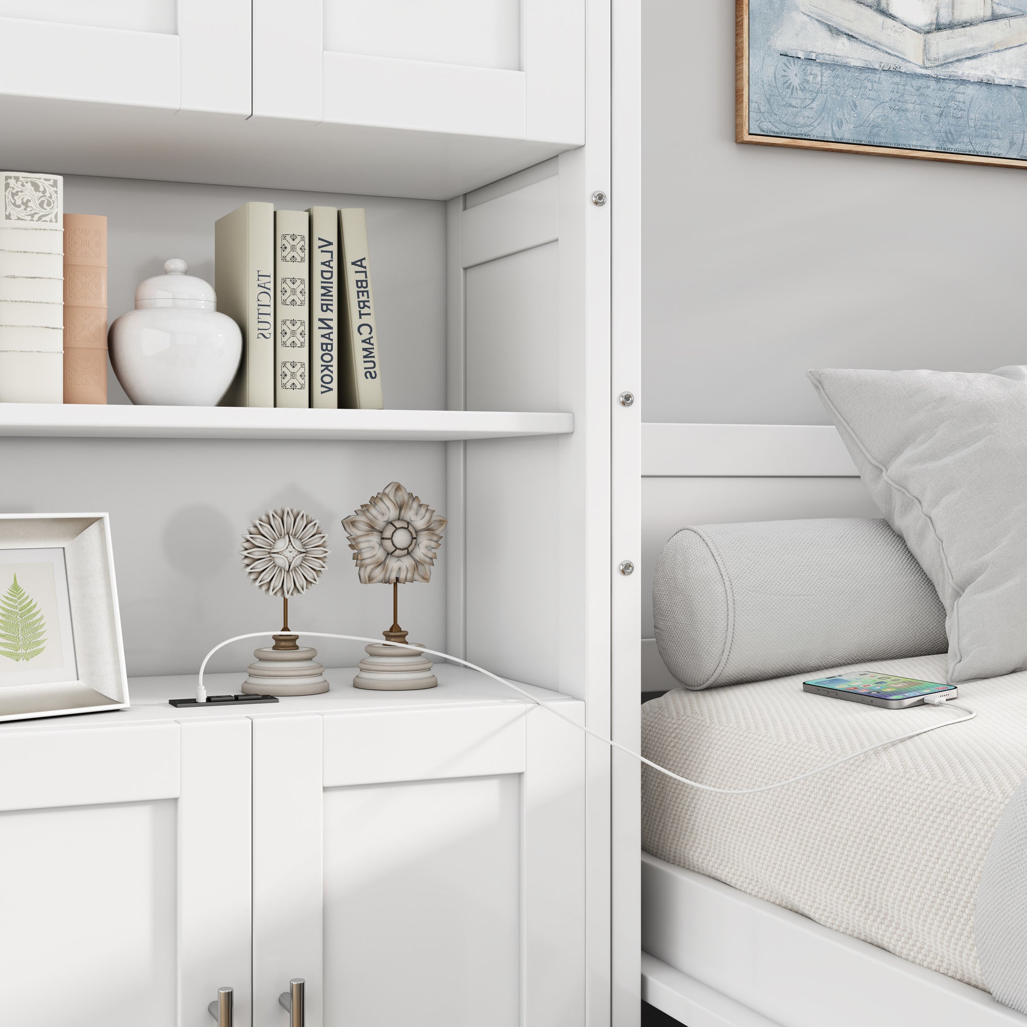 Queen Folding Murphy Bed with Two Side Cabinets in White