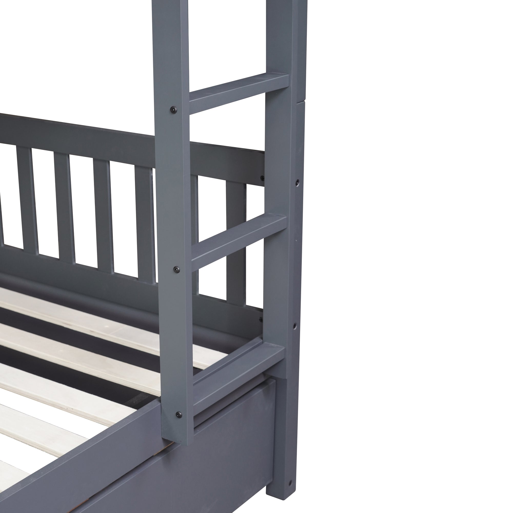 Dark Gray Full Over Full Rubber Wood Bunk Bed with Trundle, Ladder, and Guardrails